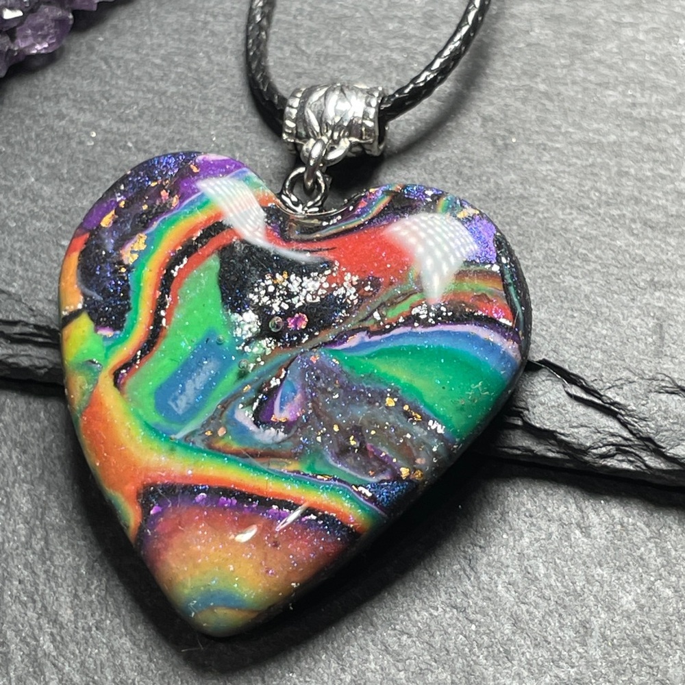 Lisa Frank Inspired Rainbow Galaxy Heart Pendant Necklace Hand Crafted - Picture 10 of 14
